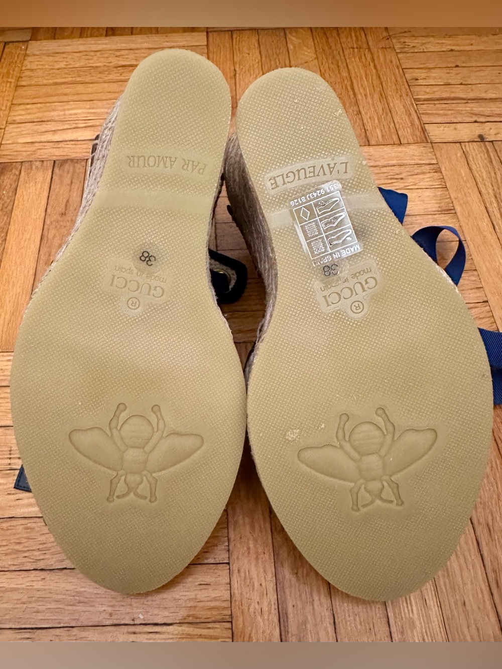 GUCCI GG logo canvas crocheted espadrilles wedges sandals blue cream jute 38 new - Picture 9 of 16